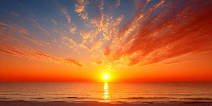 A beautiful sunrise taken by the ocean. There are stunning red, yellow, orange, and blue colors in the sky, and reflected off the clouds.