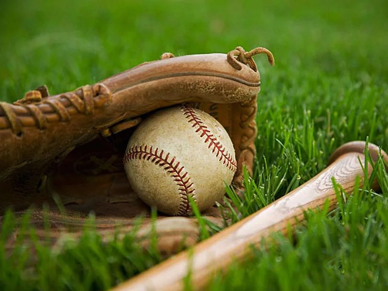 A baseball glove with a baseball in it and the handle of a bat sitting on green grass